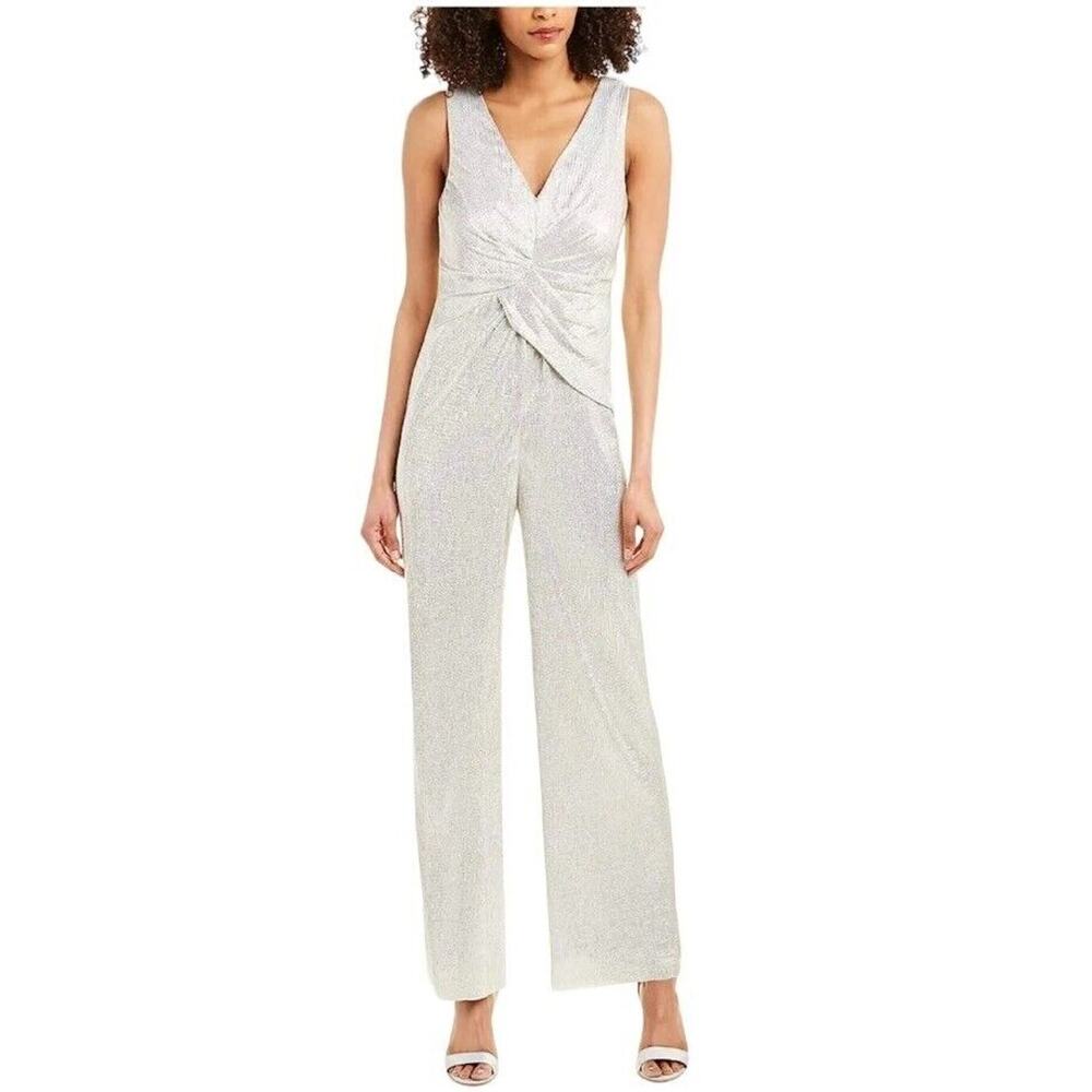 Adrianna Papell Womens Sz‎ 2 Metallic Wide Leg Jumpsuit Silver Glam Formal NYE